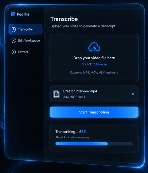 The Transcribe panel with a file drop area, a selected media file, a Start Transcription button and a progress bar.